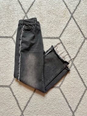 Women's Distressed Black Gray High-Rise Straight Jeans with Raw Hem